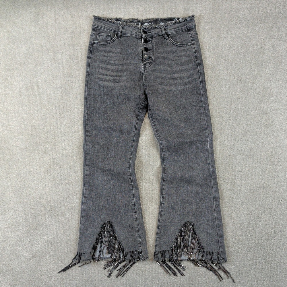 Blue B Jeans Large Gray Beaded Fringe High Rise Y2K Western Festival Disstressed